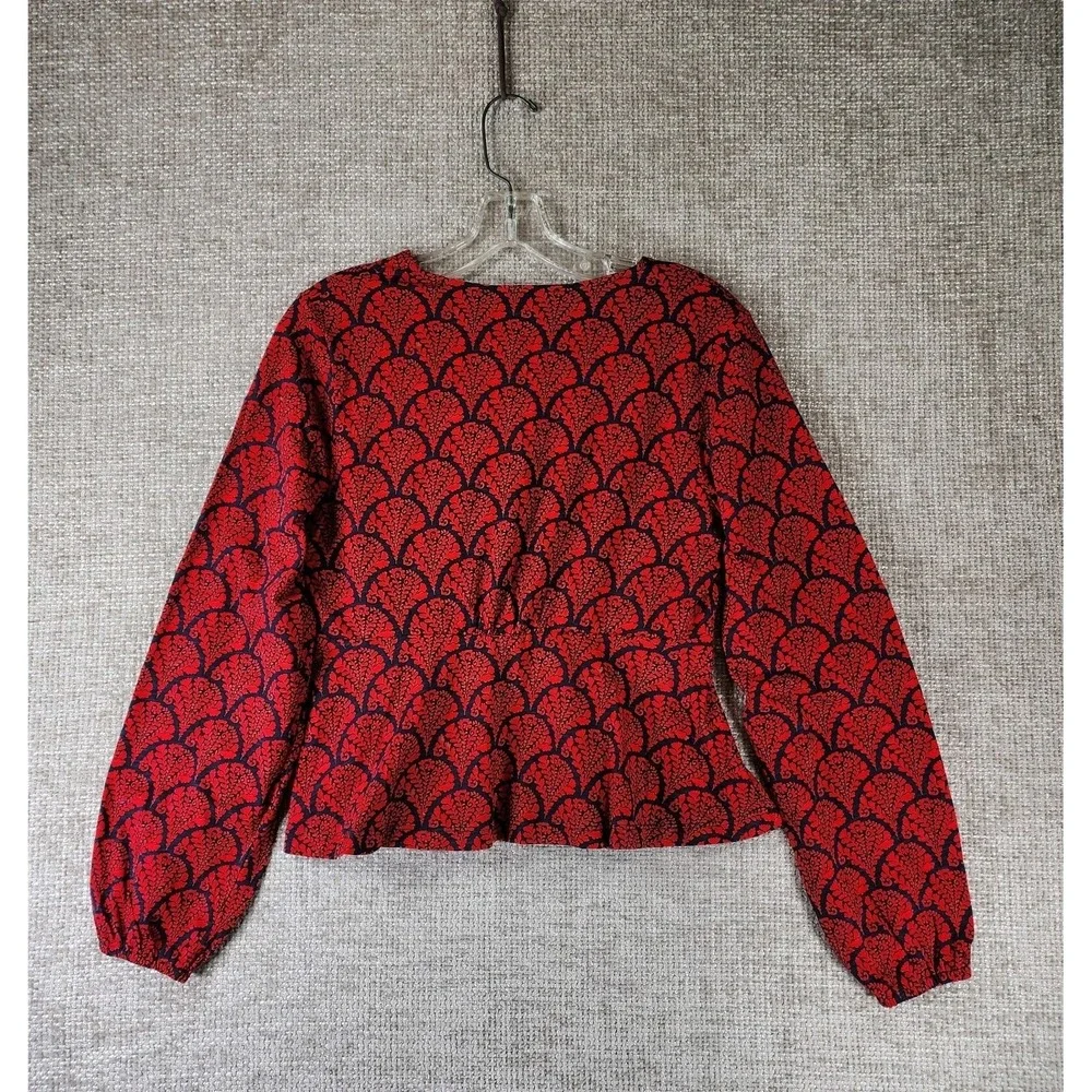 Boden 100% Cotton Peplum‎ Top Womens 8 Red Blue Floral Fans Long Sleeve EUC